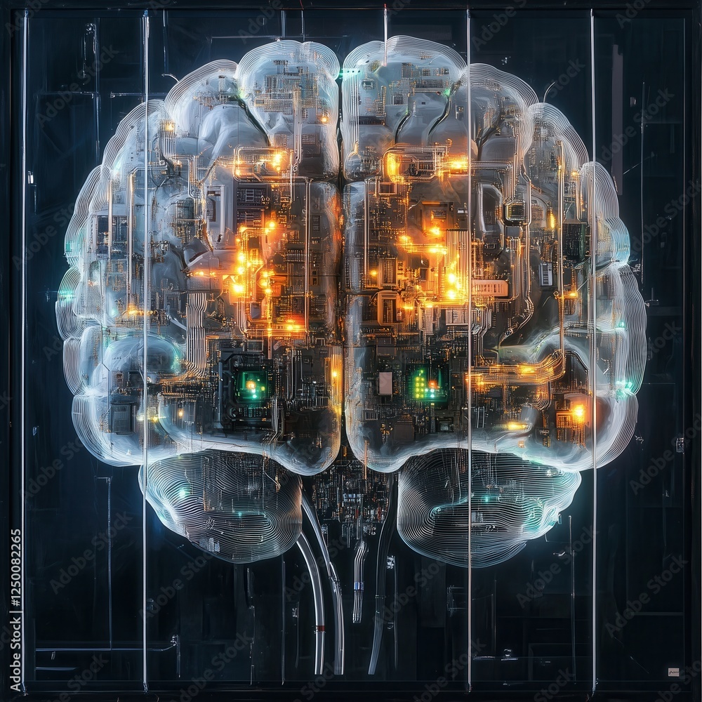 Poster an artistic representation of a brain integrated with circuitry and glowing lights, symbolizing tech