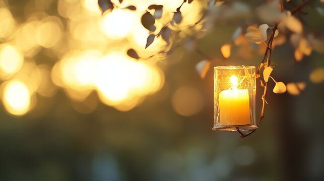 Glowing Candle Hanging from a Tree Branch at Sunset : Generative AI