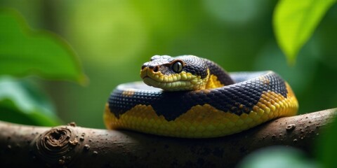Fototapeta premium A coiled serpent, its scales gleaming, rests on a branch amidst vibrant, verdant foliage
