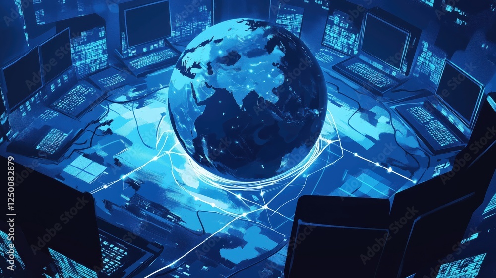 Poster a futuristic depiction of a globe surrounded by multiple computers, showcasing a digital network in 