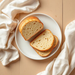 Obraz premium High-quality stock photo of sliced bread on a white plate, placed on a wooden table with a beige background, ideal for food blogs, ads, and recipes.