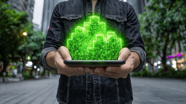 Person Holding Tablet Showing Glowing Green Cityscape