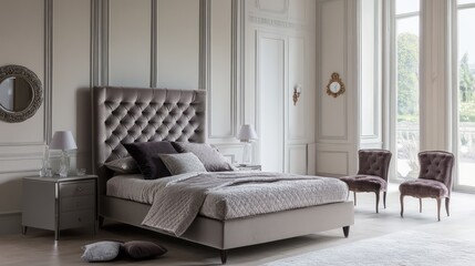 Fototapeta premium A contemporary American-style bed with soft, elegant bedding and a simple headboard, set in a spacious room with light-colored walls and open space.