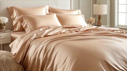 A contemporary American bed with smooth, luxurious bedding and soft pillows, placed in a modern bedroom with ample space for text or design.