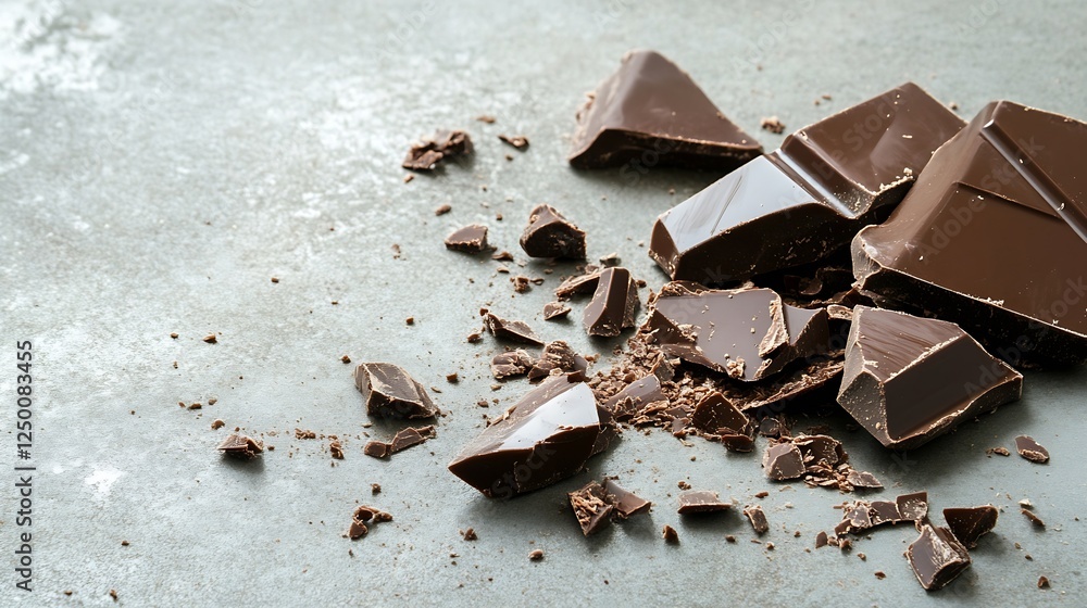 Poster broken chocolate pieces scattered on a rustic stone surface highlighting rich textures and colors : 