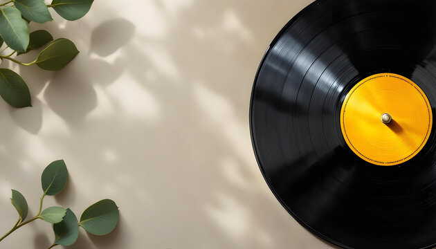 Composici&oacute;n plana de tocadiscos vintage y vinilos