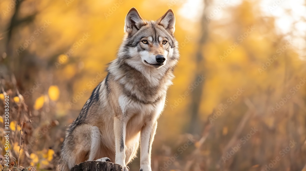 Poster majestic wolf perched on a log in a forest during autumn displaying natural beauty and wildlife : ge