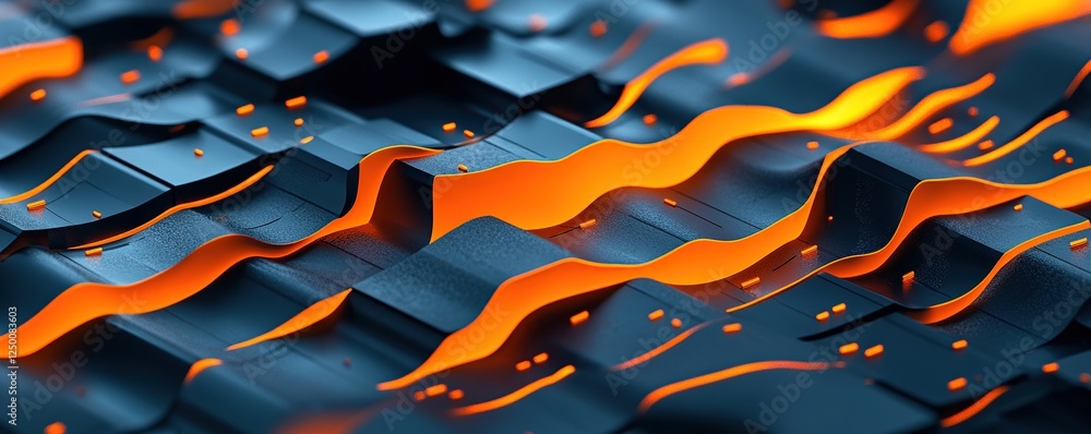 Poster abstract 3d render: orange waves flowing on dark blue geometric surface, creating a dynamic and futu