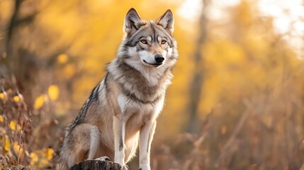 Obraz premium Majestic wolf perched on a log in a forest during autumn displaying natural beauty and wildlife : Generative AI