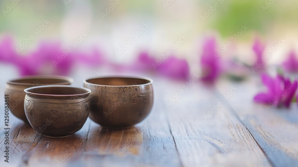 Aufkleber three ornate bronze bowls with decorative patterns on a wooden table with blurred floral background 