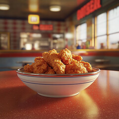 A bowl of fried chicken sits on a table in a diner with a red surface