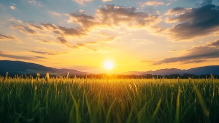 Fototapeta premium Breathtaking Sunset Over Wheat Fields with Golden Sunlight Sky View : Generative AI