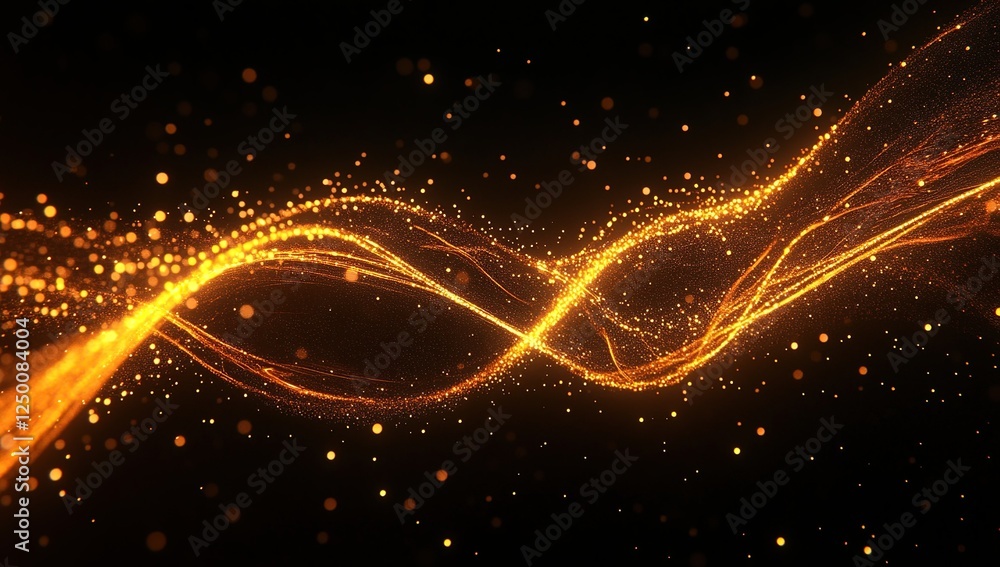 Poster golden particle waves dance across dark background, creating abstract art with sparkling, shimmering