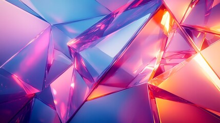 Vibrant pink blue geometric shapes shimmer brightly reflecting intense light. AI Generated