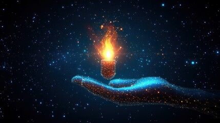 Glowing hand holding a fiery digital spark.