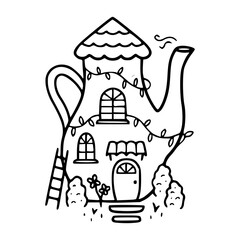 a black and white drawing of a teapot house in outline style for coloring pages