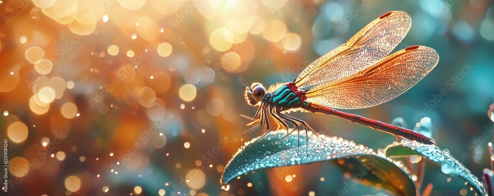 Poster glowing dragonfly on leaf with dew and sparkling background