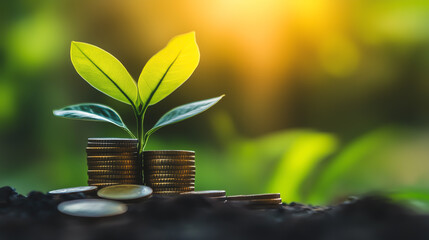 A stack of gold coins with a young green plant sprouting from the top, symbolizing financial growth, sustainability, and investment in green initiatives. Concept of eco-finance and prosperity.