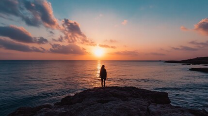 Fototapeta premium Stunning Sunset Over Ocean with Silhouette of a Person Standing on Rocks : Generative AI
