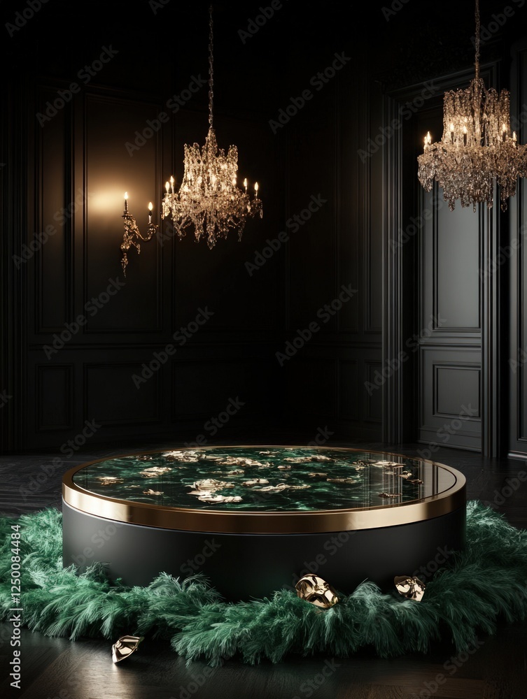 Poster luxurious display featuring a round platform with emerald accents