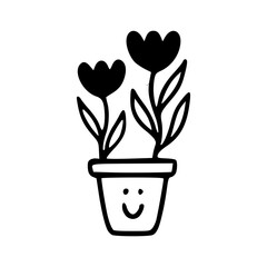 a black and white drawing of a plant in pot icon with smiley face