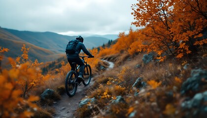 Fototapeta premium Mountain Biker on Autumn Trail: Serene Fall Cycling Scene