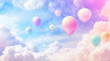 A dreamy sky full of scattered rainbow balloons, their colors blending softly into a pastel background with copy space.