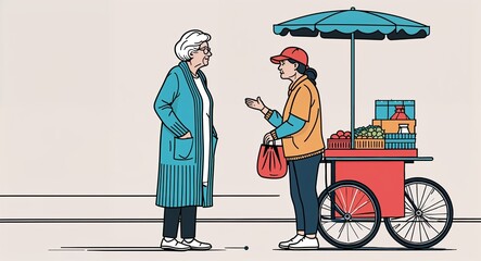 A senior woman wearing a long cardigan stopping to chat with a street vendor in a simple hand drawing flat line design
