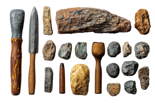 A collection of ancient stone tools laid out neatly, showcasing craftsmanship and history. Perfect for educational or archaeological themes.