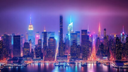 A vibrant city skyline illuminated at night, showcasing tall buildings and colorful lights.