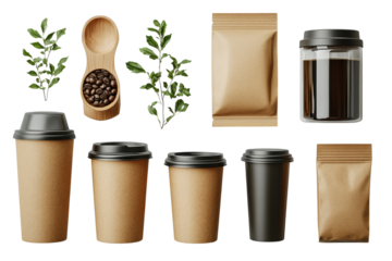 A collection of coffee-themed items including cups, beans, and packaging, perfect for coffee lovers and beverage-related projects.