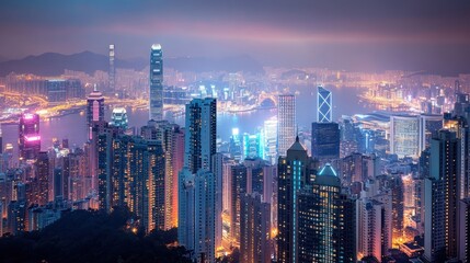 Obraz premium A vibrant city skyline illuminated at night, showcasing urban architecture and lights.