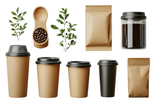 A collection of coffee-themed items including cups, beans, and packaging, perfect for coffee lovers and beverage-related projects.