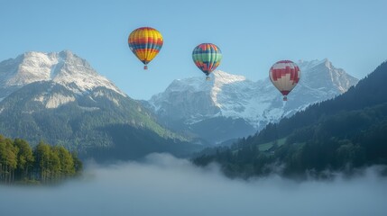 Naklejka premium A foggy morning with balloons rising above mist-covered mountains, soft sky for copy space.