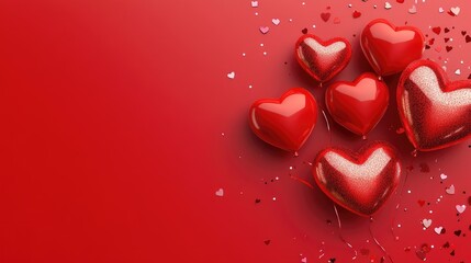 Elegant Valentine's Day design with shiny red heart balloons and confetti on a vibrant red background, ideal for romantic promotions and events