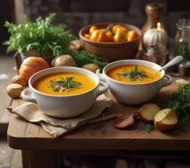 Cozy kitchen scene of roasted pumpkin and potato soup with fresh herbs, warm, fresh herbs