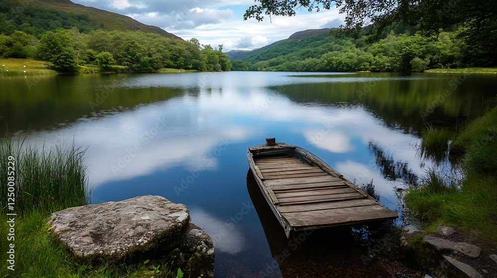 Aufkleber serene lake view with a wooden boat surrounded by lush greenery and mountains under a cloudy sky : g