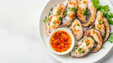 A fresh and vibrant serving of grilled squid with seafood dipping sauce on a white plate, leaving room for text, logos, or design work.