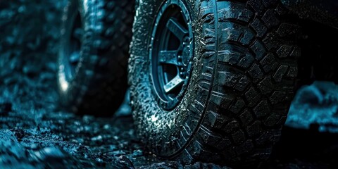 Tire is wet and has mud on it