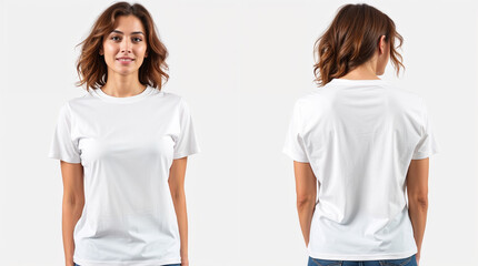 Woman wearing casual t-shirt on white background, closeup. Collage with back and front view photos. Mockup for design