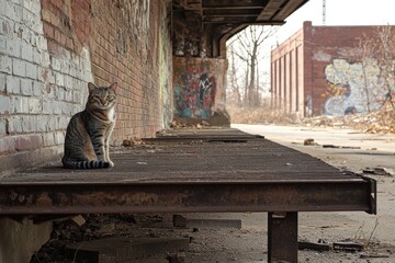 Tabby cat sits on abandoned loading dock platform with brick building in the background for urban use