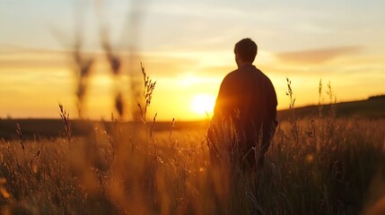 Silhouette of a Man at Sunset Surrounded by Golden Nature : Generative AI