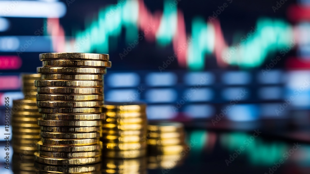 Fototapete stacks of shiny gold coins with financial graph background representing investment and wealth : gene