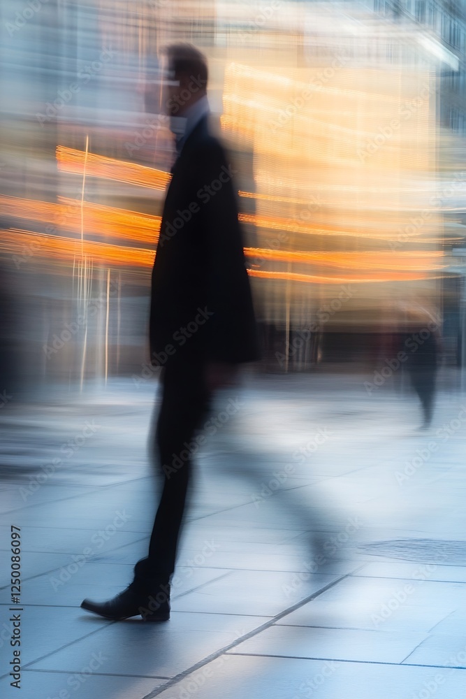 Poster dynamic motion of a businessman walking through a city street at dusk with blurred background lights