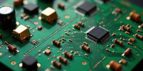 Close-up view of intricate electronic circuitry, showcasing a detailed perspective on the complex design and miniature components of a printed circuit board