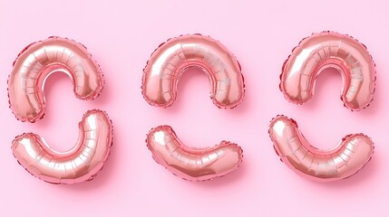 A group of shiny rose gold letter balloons arranged in a playful pattern on a soft pink background, elegant copy space.