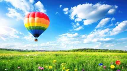 Naklejka premium A large hot air balloon positioned in the lower third of the frame, leaving vast sky as copy space for text or branding.