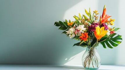 A lush arrangement of bright tropical blooms in a glass vase, soft neutral backdrop for spacious copy space.