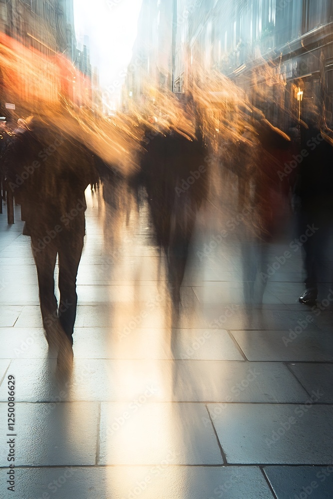 Poster dynamic motion blur of busy city street with unidentified pedestrians and bright lights : generative