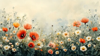 Obraz premium A dreamy floral landscape featuring tall golden dandelions, vivid pink hibiscus, and rich green ferns, drawn in a loose